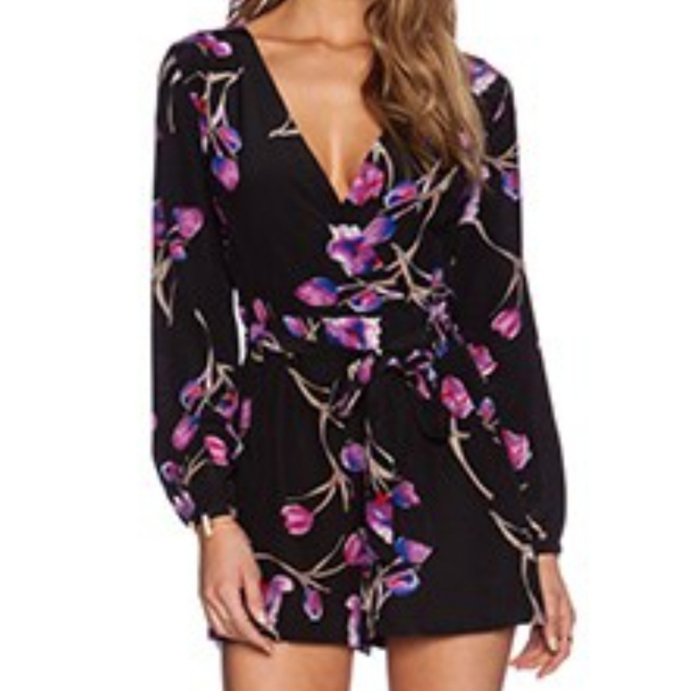 Yumi Kim Carly Romper in Black Watercolor Tulips 100% Silk Floral Sz S